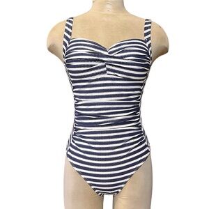 NipTuck Swimsuit One Piece Navy Blue White Stripes Multi Fit Cup 6